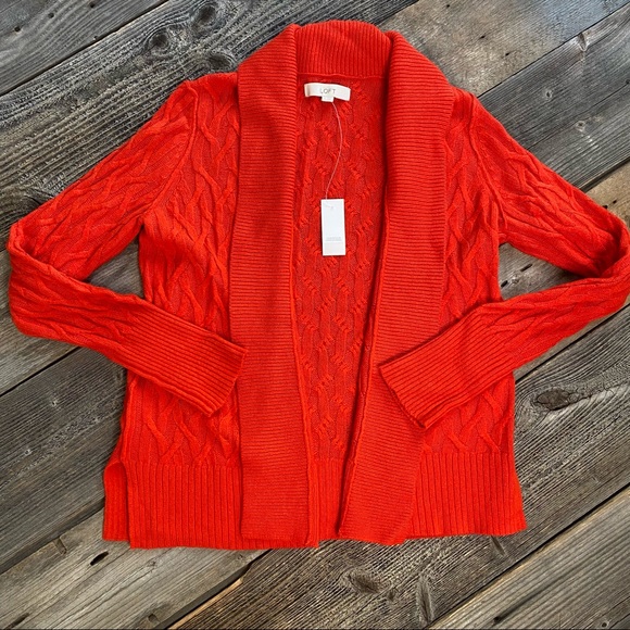 LOFT Sweaters - NWT LOFT Red/Orange Cable Knit Rolled Collar Cardigan Sweater